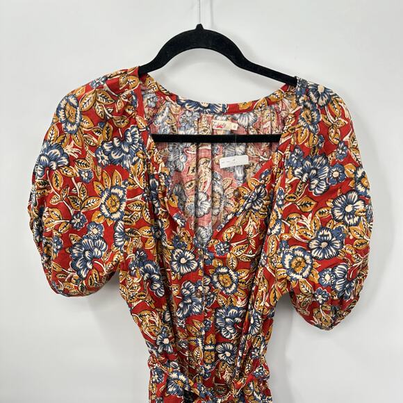 FAHERTY NWT Carmel Linen Blend Tie Waist Red Floral Button Down Midi Dress // M - Picture 6 of 16